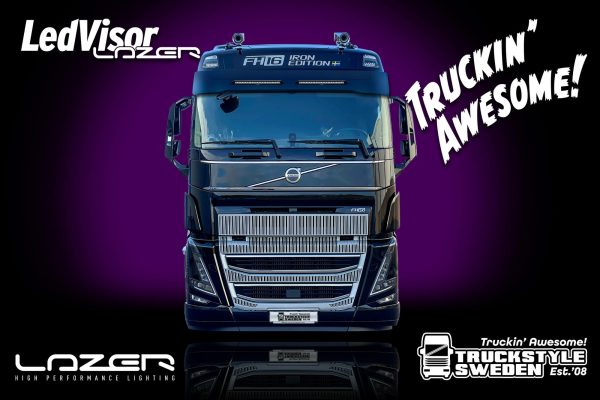 Kuvassa TruckStyle Sweden Aurinkolipan alaosa STD 35cm Scania NG, Lazer Linear 18 valoilla